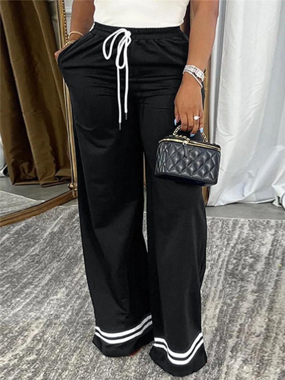 Wide-Leg Drawstring Pants with Striped Hem